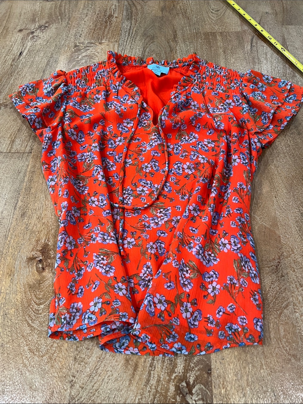 CeCe Bright Orange Floral Short Sleeve Ruffle Neck Blouse